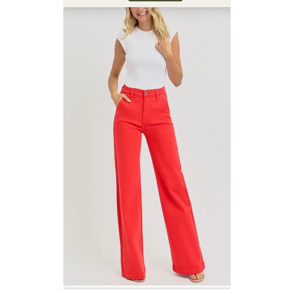 Risen Jeans Red Tummy Control Wide Leg High Rise Denim Pants Size 5/27